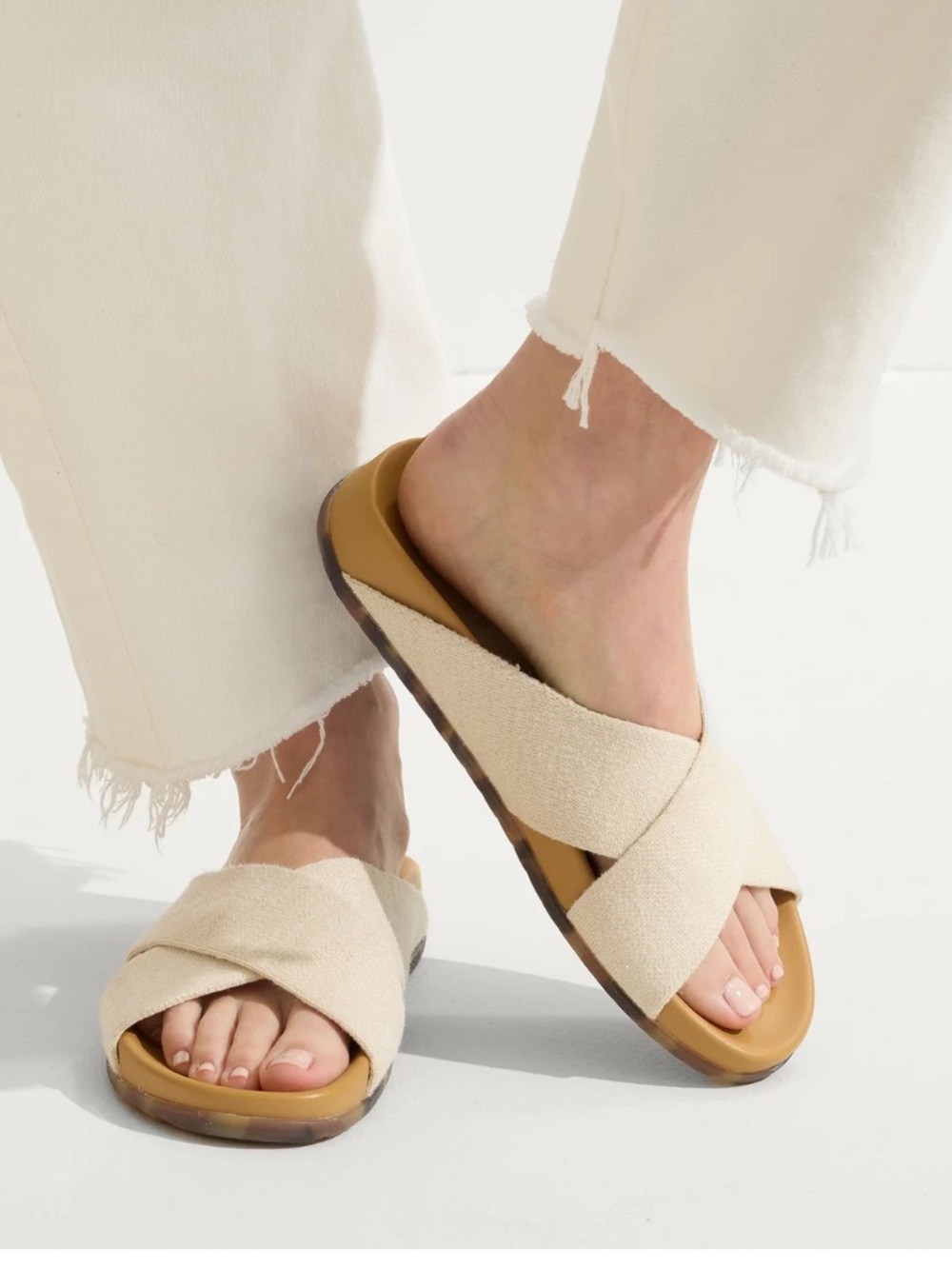 Rothy's Cream Crossband Slide Sandals with Tan Footbed